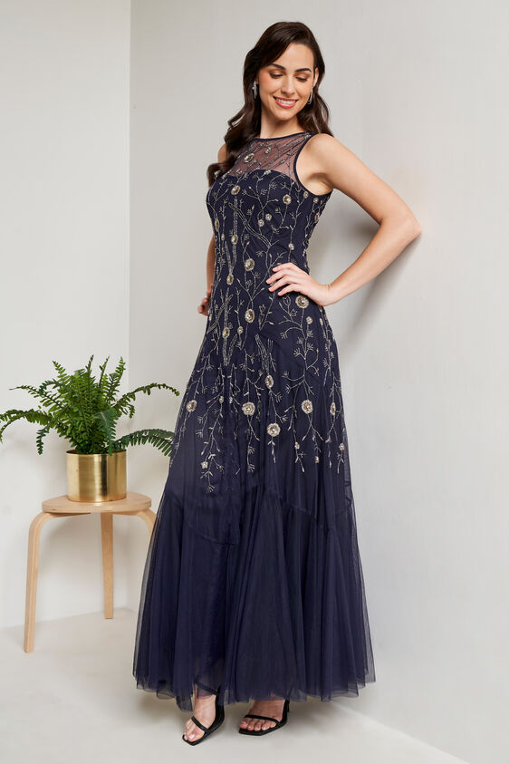 Navy Blue Floral Straight Gown, Navy Blue, image 1